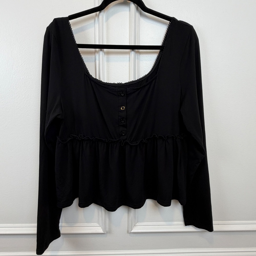 Black Long Sleeve Babydoll Top Scoop Neck Lace Trim Ruffle Peplum Blouse Shein